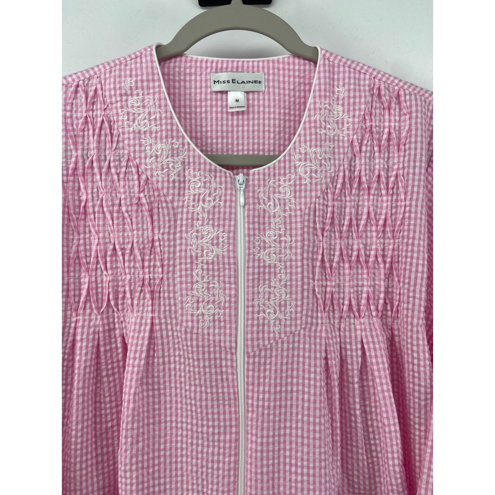 Miss Elaine Robe Gown Women Medium Pink Gingham Seersucker Smocked Housecoat Zip